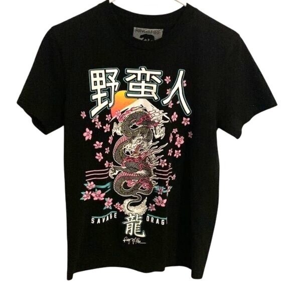 Ring Of Fire Savage Dragon Graphic T-Shirt Black Cherry Blossom Design S - Picture 1 of 8